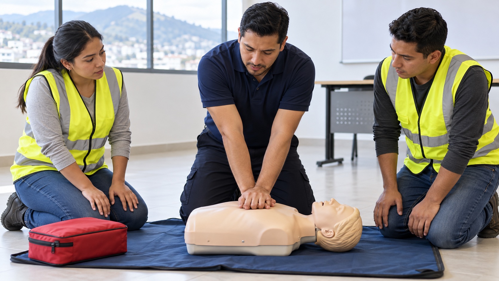 Escena ilustrativa de formación en primeros auxilios con un maniquí de entrenamiento